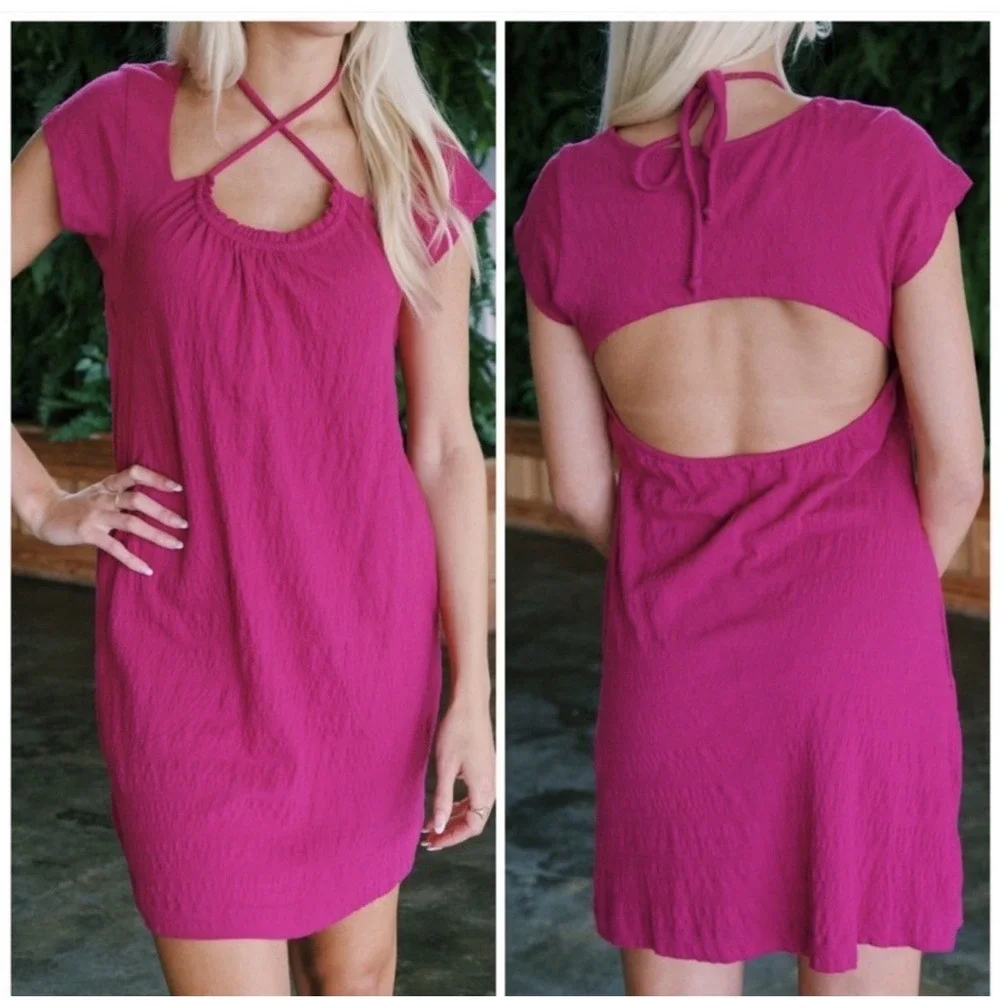 Free People Vivi Mini Dress Pink S Halter Open Back Pockets Cover Up Beach